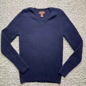 Duck Head Cable Knit Sweater Womens Medium Navy Blue V-Neck 100% Cotton